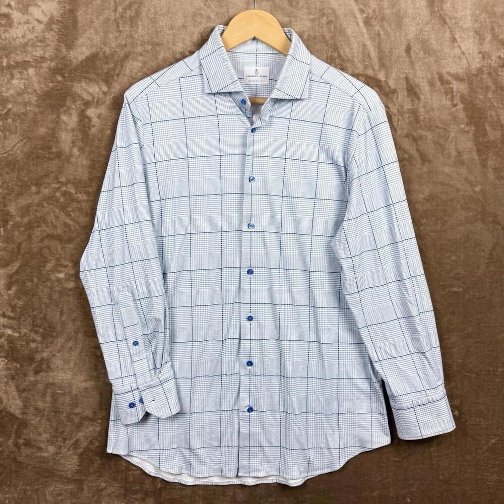 Emanuel Berg Modern Fit Checkered Dress Shirt Men M/L Blue White Stretch Soft